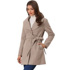 Shawl Collar Outwear Winter Belted Single Breasted Coat Light Khaki